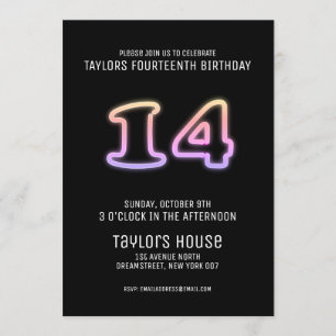 Colorful Neon Sign 14th Trendy Birthday Party Invitation