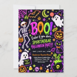 Colorful Neon Skeleton BOO Spooktacular Halloween Invitation