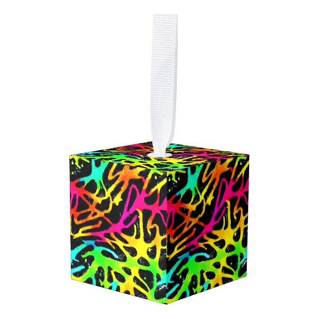 Colorful neon splatter paint design cube ornament (Front Angled)