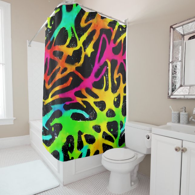 Colorful neon splatter paint design shower curtain (In Situ)