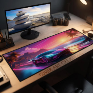 Colorful Neon Sportscar Sunset Desk Mat