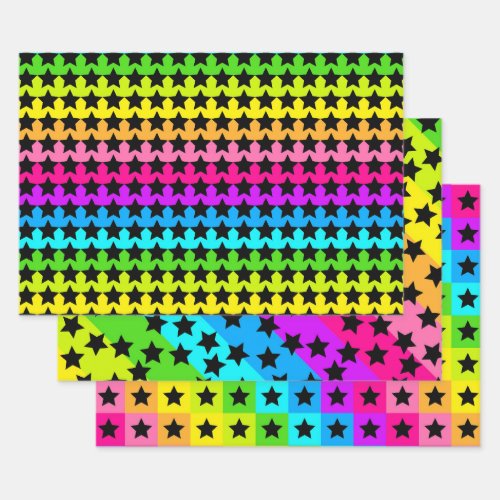 Colorful Neon Stars Teal Yellow Pink Purple Wrapping Paper Sheets