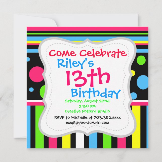 Colorful Neon Stripes Polka Dots Pink Blue Green Invitation (Front)