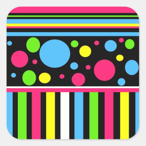 Colorful Neon Stripes Polka Dots Pink Blue Green Square Sticker