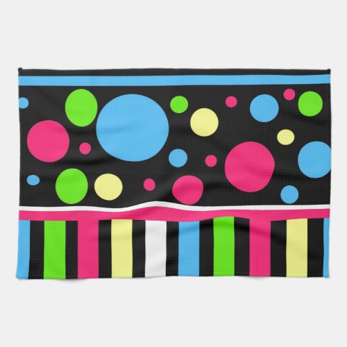 Colorful Neon Stripes Polka Dots Pink Blue Green Towel