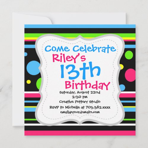 Colorful Neon Stripes Polka Dots Pink Teal Lime Invitation