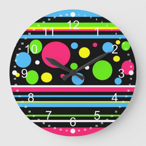 Colorful Neon Stripes Polka Dots Pink Teal Lime Large Clock