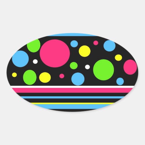 Colorful Neon Stripes Polka Dots Pink Teal Lime Oval Sticker