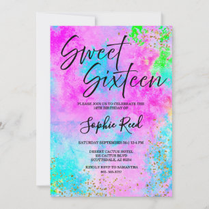Colorful Neon Watercolor Sweet Sixteen Party Invitation