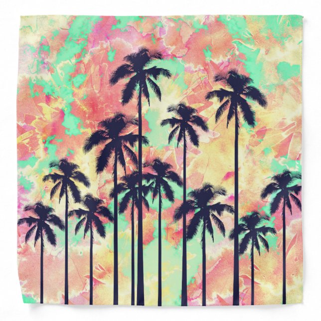 Colorful Neon Watercolor with Black Palm Trees Bandana (Front)