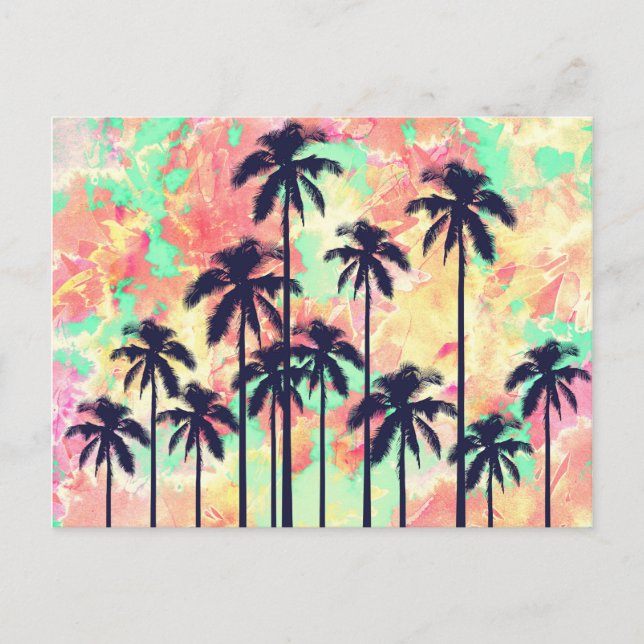 Colorful Neon Watercolor with Black Palm Trees Postcard (Front)