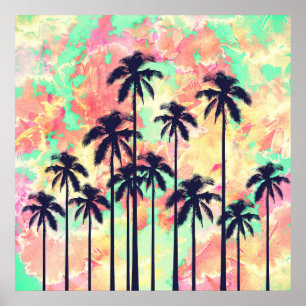 Colorful Neon Watercolor with Black Palm Trees Poster