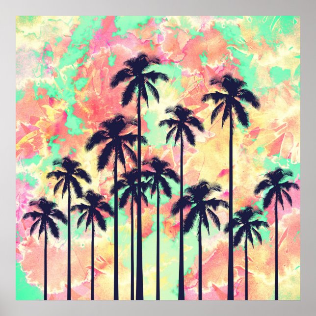 Colorful Neon Watercolor with Black Palm Trees Poster (Front)