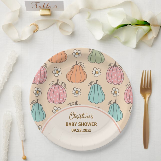 Colorful Neutral Beige Pumpkin Pattern Baby Shower Paper Plates (Wedding)