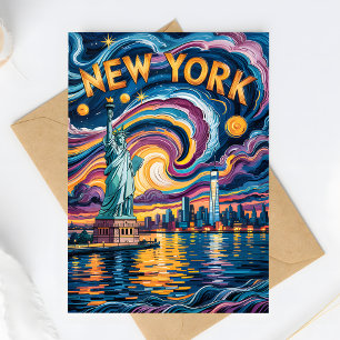 Colorful New York Skyline Retro Liberty Van Gogh Postcard