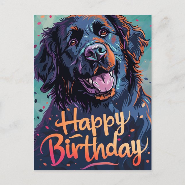 Colorful Newfoundland dog Birthday Postcard (Front)