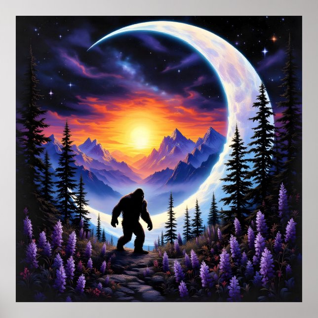 Colorful night sky Sasquatch Stroll, crescent moon Poster (Front)