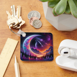 Colorful night sky Wolf howl crescent moon Keychain