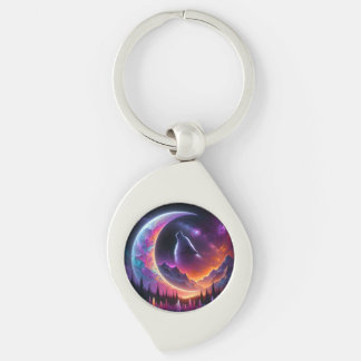 Colorful night sky Wolf howl crescent moon Keychain