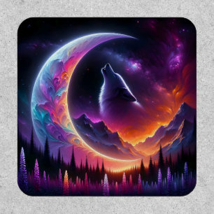 Colorful night sky Wolf howl crescent moon Patch