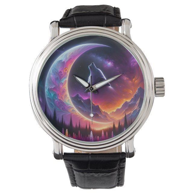 Colorful night sky Wolf howl crescent moon Watch (Front)