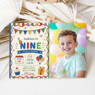 Colorful NINE 9th Birthday Party Invitation