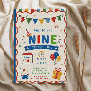 Colorful NINE 9th Birthday Party Invitation