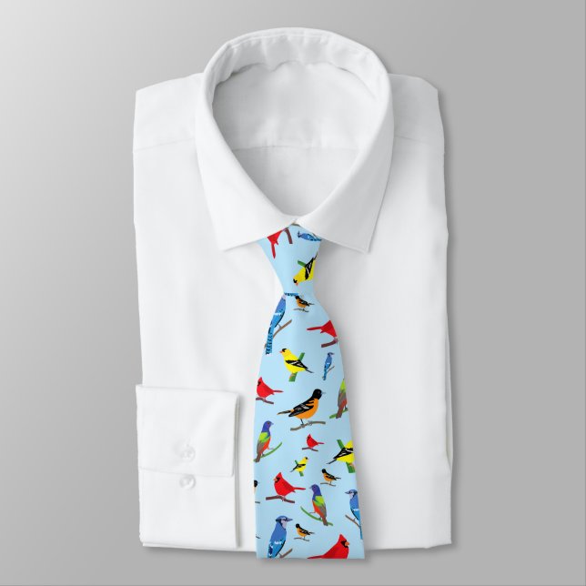 Colorful North American Birds Pattern Neck Tie (Tied)