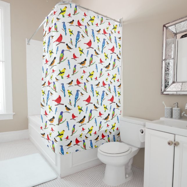 Colorful North American Birds Pattern Shower Curtain (In Situ)