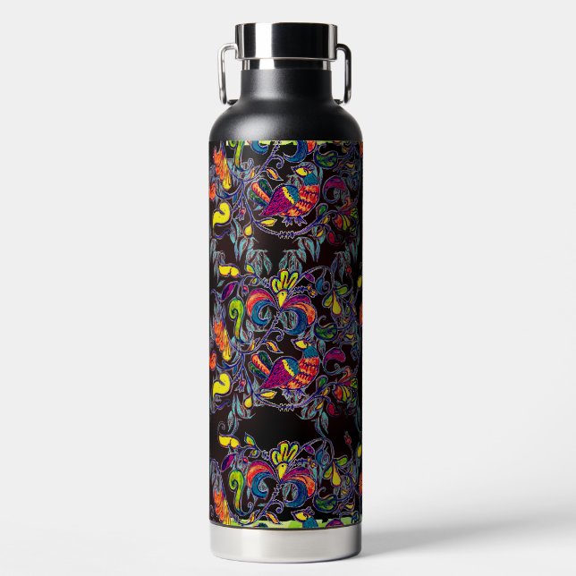 Colorful Northern Bird on black Water Bottle (Front)