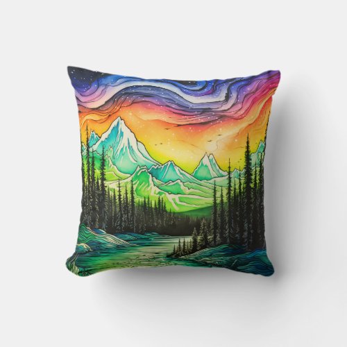 Colorful Northern Light Illustration Throw Pillow