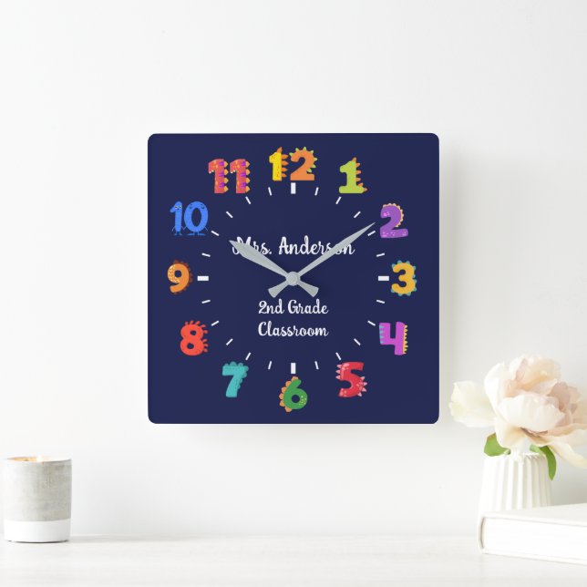 Colorful Number Custom Name Teacher Classroom Square Wall Clock (Home)
