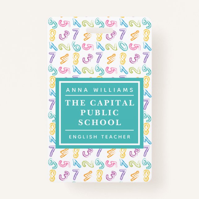 Colorful Number Elementary School Math Teacher Badge (Front)