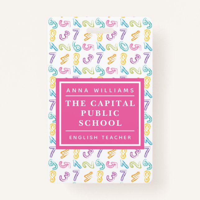 Colorful Number Elementary School Math Teacher Badge (Front)