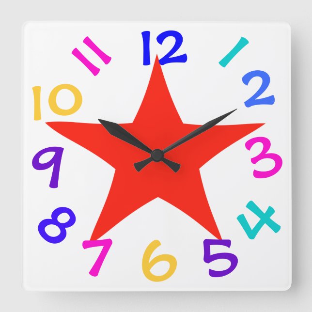 Colorful Numbers Red Star Wall Clock (Front)