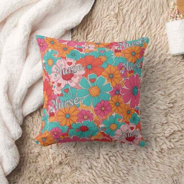 Colorful Nurse Floral Pattern (1) Throw Pillow (Blanket)