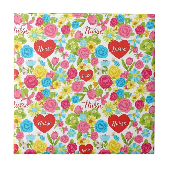 Colorful Nurse Floral Pattern (2) Ceramic Tile (Front)