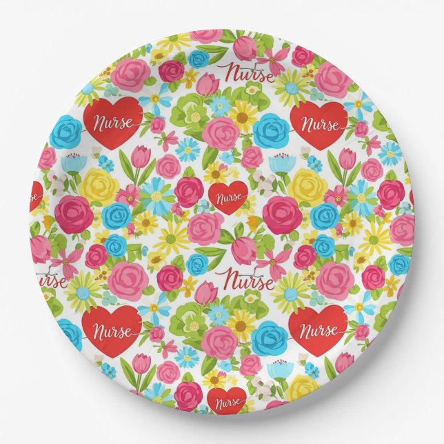 Colorful Nurse Floral Pattern (2) Paper Plates (Front)