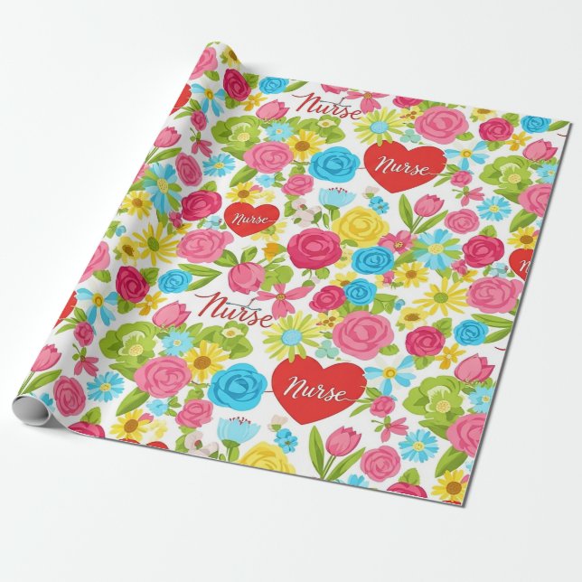 Colorful Nurse Floral Pattern (2) Wrapping Paper (Unrolled)