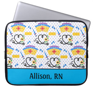 Colorful Nursing Tools on Blue Polka Dots Laptop Sleeve