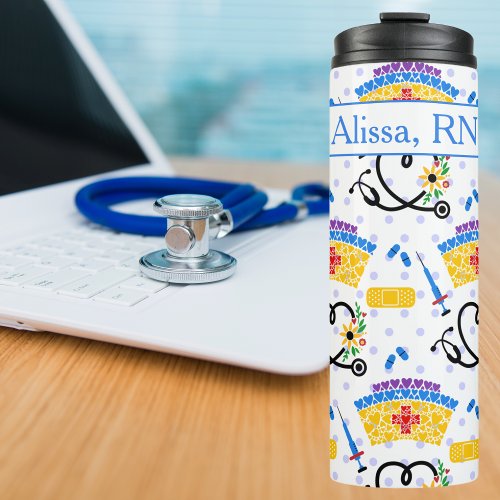 Colorful Nursing Tools on Blue Polka Dots Thermal Tumbler