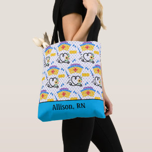 Colorful Nursing Tools on Blue Polka Dots Tote Bag