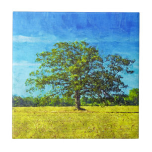Colorful Oak Tree Painting for Family Celebration Ceramic Tile