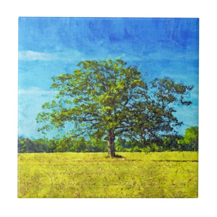 Colorful Oak Tree Painting For Family Celebration Ceramic Tile