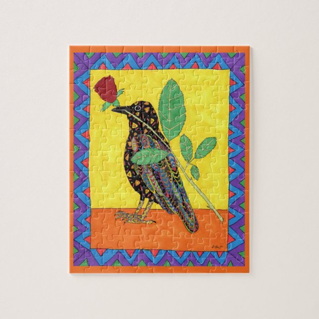 Colorful Oaxacan Crow & Rose Mexican Folk Art Jigsaw Puzzle (Vertical)