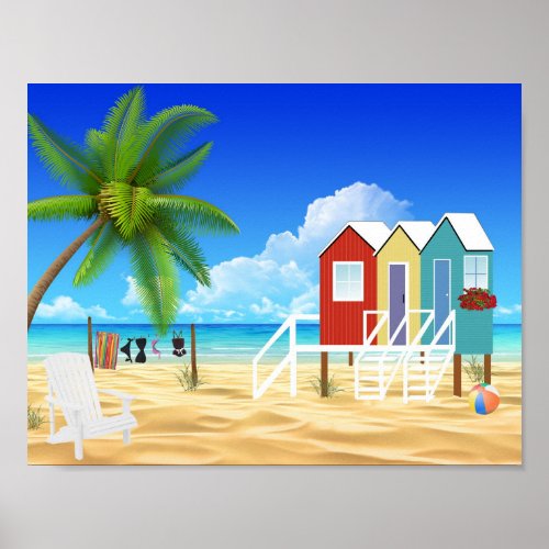 Colorful Ocean Beach House Palm Tree Fun Summer Poster