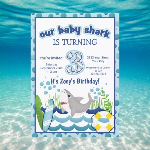 Colorful Ocean Beach Shark 3rd Birthday Invitation