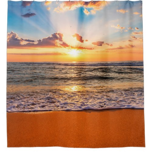 Colorful ocean beach sunrise with deep blue sky an shower curtain
