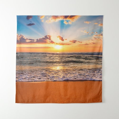Colorful ocean beach sunrise with deep blue sky an tapestry