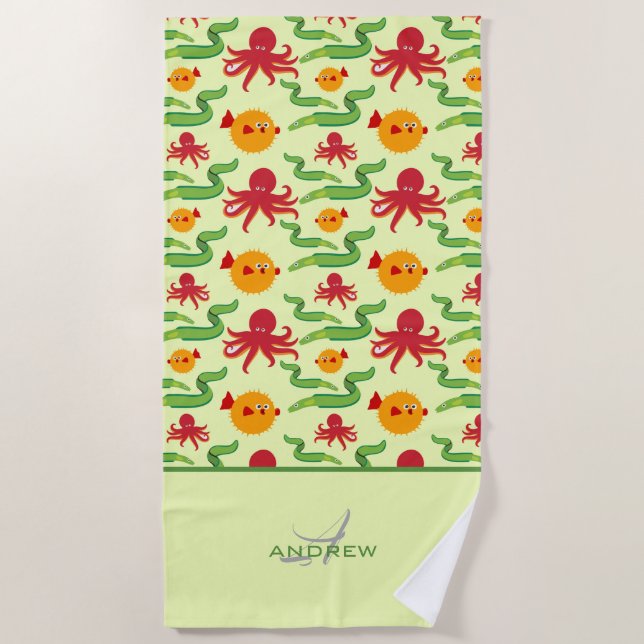 Colorful Ocean Creatures Monogrammed Pattern Beach Towel (Front)